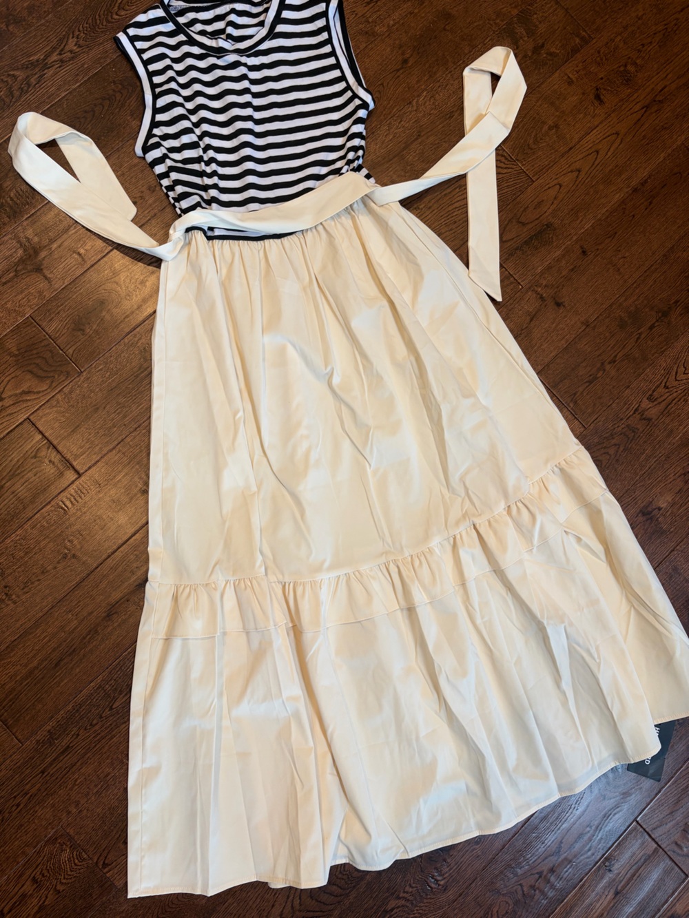 Off white bottom dress with white and black striped top